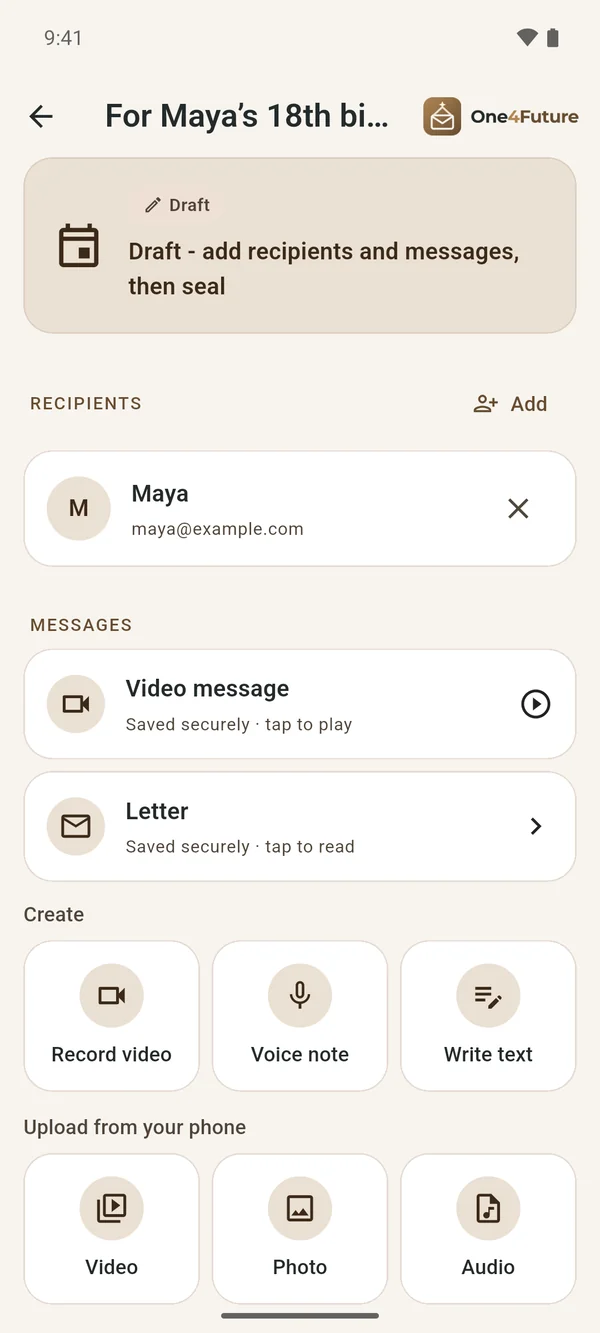 Adding a message: record video, voice note, write text, or upload a video, photo or audio