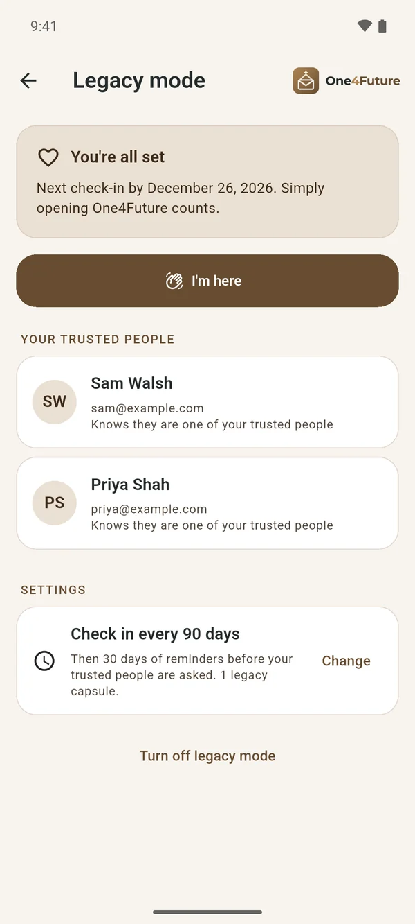 Legacy mode settings in the One4Future app