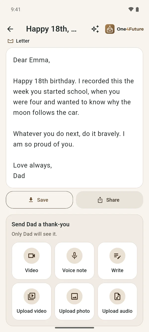 Send Dad a thank-you: record a video, a voice note, write, or upload